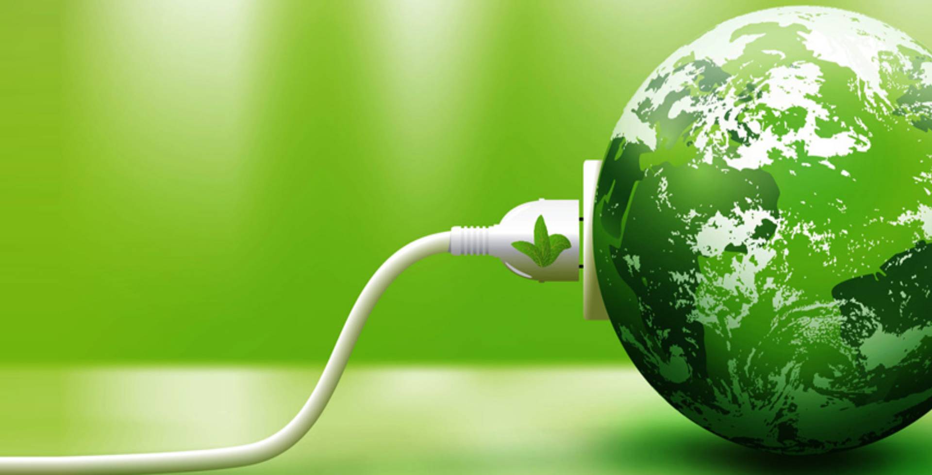 Planeta Tierra de color verde conectado a un enchufe con una hoja verde en el cabezal